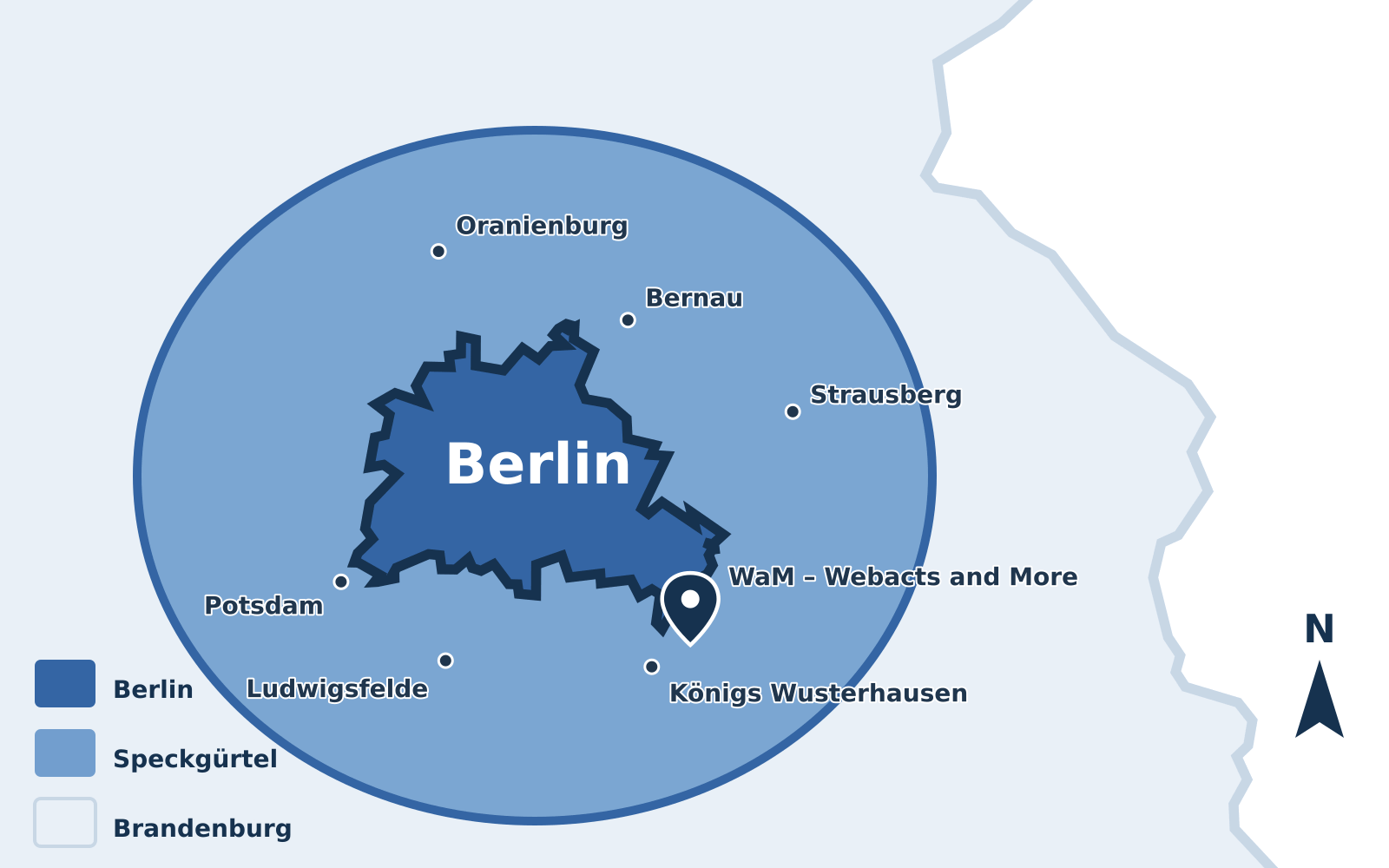 Karte von Berlin und dem Speckgürtel mit dem Standort von WaM – Webacts and More