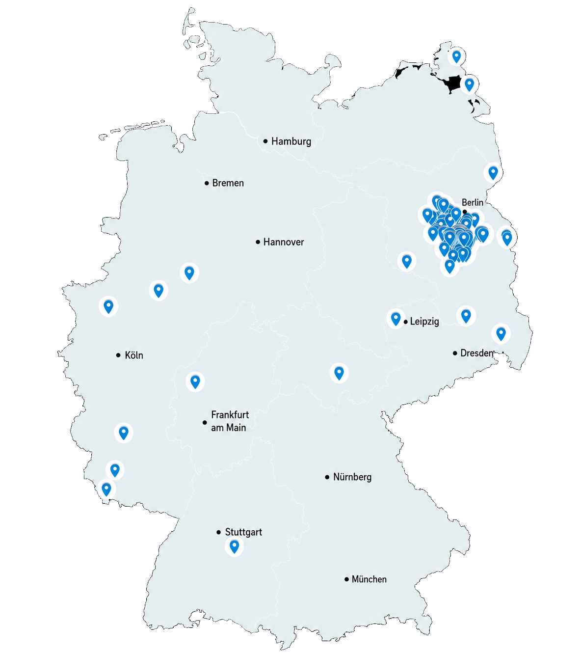 Deutschlandkarte mit Standorten aus der bisherigen Webacts-Erfahrung